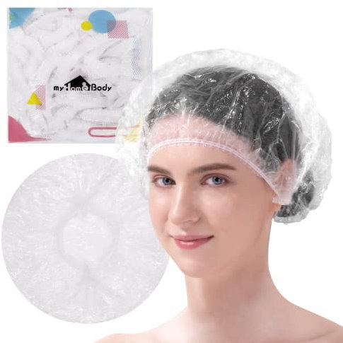 myHomeBody Extra Thick Disposable Shower Caps, Clear Transparent Shower Cap for Women, Shower Cap for Women Long Hair, Shower Accessories for Salon, Travel, Hair Cap 100 Pcs, Size M