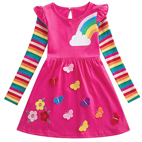 SFreeBo Rainbow Dress Girls Long Sleeve Dress 3-4 Years Girls Cotton Pocket T-Shirt Dress Kids Winter Stripe Casual A-line Dress