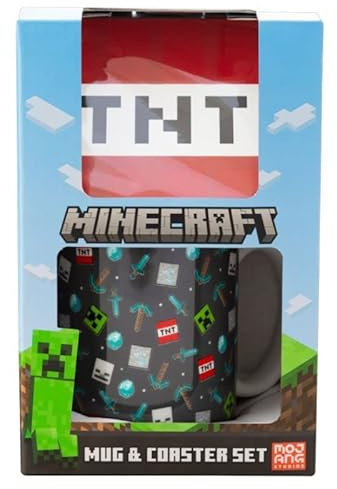 Minecraft Ensemble tasse et sous-verre | Boissons chaudes et froides | Maison ou bureau | Cadeau parfait pour adultes enfants | Unisexe | Porte-gobelet | 312 ml – Multi – Minecraft Mobs & Diamonds
