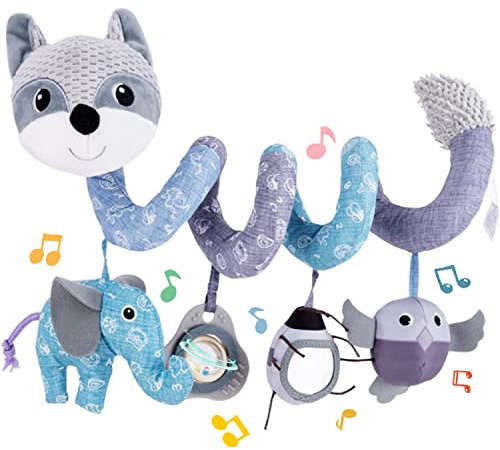 Koty Autositz-Spielzeug, Spirale aus Plüsch, Spielzeug zum Aufhängen für Kinderwagen, Bar, Kinderbett, mit Spieluhr, BB-Quietscher und Rasseln (grauer Fuchs)
