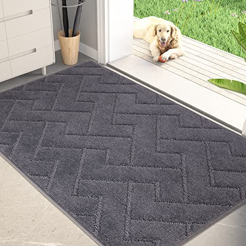 PURRUGS Dirt Trapper Door Mat 32 x 47, Non-Slip Machine Washable Entry Rug, Shoe Scraper, Dog Door Mat, Super Absorbent Welcome Mat for Front & Back Door, Muddy Wet Shoes & Paws, Grey