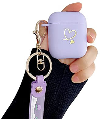 Fycyko Kompatibel mit AirPods Hülle, Airpods 2 hülle und Airpods 1 Case Golden Herz Muster Cover mit Schlüsselanhänger Stoßfeste AirPods Schutzhülle für Mädchen Frau Hülle für Airpods 2 & 1-Lila