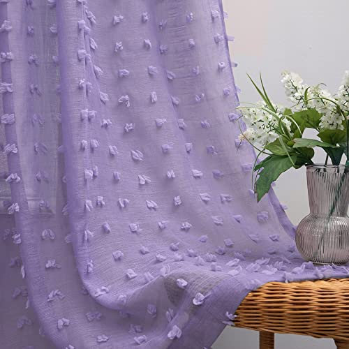 Durchscheinende Vorhänge, für Mädchenzimmer, rückseitige Stangenschlaufen, Pompons, getuftete Textur, für Kinder-, Babyzimmer, halbdurchsichtig, Pastellton, 2 Paneele, 213 cm lang, Helllila, Lavendel