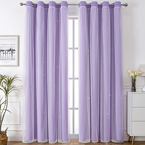 Nyescasa Verdunklungs Vorhänge Kinderzimmer Vorhang Doppellagige Gardienen mit Höhlen Sterne mit Voile Ösenschal für Wohnzimmer Schlafzimmer Mädchen Dekoschal 2er Set 160x132cm(H×B) Lila