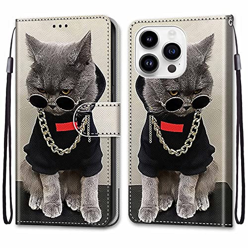 Mo-Somnus Kompatibel mit iPhone 14 Pro (6,1 Zoll) Hülle, Leder Handyhülle mit Kartenfach Geld Slot Ständer PU Ledertasche TPU Wallet Flip Brieftasche Magnetische Schutzhülle (Katzen 3)