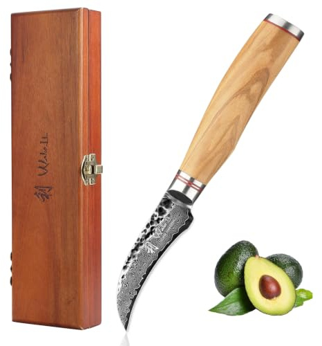 Wakoli Olive HS Schälmesser 7 cm Klinge aus 67 Lagen Damaststahl, VG10-Kern | Gebogene Klinge, Hammerschlag, Olivenholzgriff, 60 ± 2 HRC und beidseitiger V-Schliff zum Schälen, Putzen und Tournieren