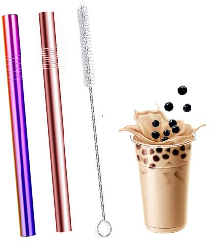 2pcs Paille Bubble Tea Inox Paille Réutilisable Large Paille pour Bubble Bille - 12mm Large Bouche avec Brosse de Nettoyage (Rose dore et Colore)