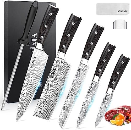 MOSFiATA 5PCS Kitchen Knife Set, Professional Sharp 8 Chef Knife & 7 Nakiri Knife & Utility Knives Set, German High Carbon Stainless Steel Chef Knife Set with Knife Sharpener Rod, Finger Guard Gift