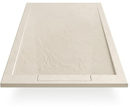 EGO INTERIORS Premium Design Duschwanne 120 x 90 cm Naturstein-Optik, Cremefarbig, Flache Duschtasse aus Mineralguss, Rutschfeste Struktur, Superflach, Rechteckiges Duschbecken