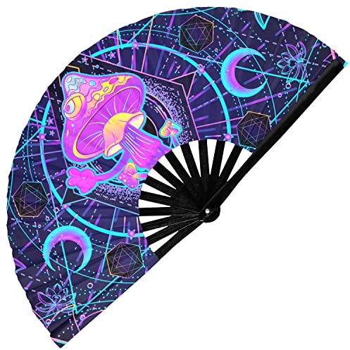 GloFX Rave Fan - UV Mushroom - Large Folding Fan - Music Festival Essential, EDM Rave Accessories, Folding Hand Fan, Clack Fan