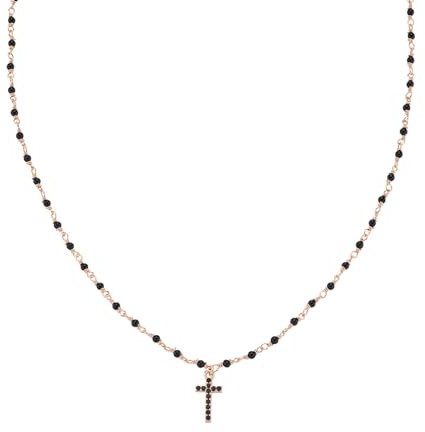AMEN Gioielli, Collana con Croce, Collana Donna Argento 925, Ciondolo Croce, Zirconi Neri e Cristalli Neri, Rivestimento Oro Rosa, Regalo Donna, Made In Italy.