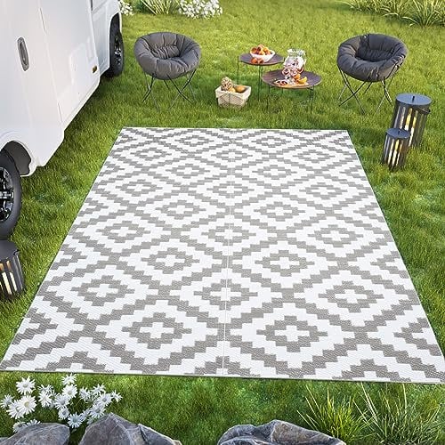 TAPISO Ibiza Teppich Outdoor Zweiseitig Wendbar Wasserdicht Resistent Quadrate Diamanten Kariert Weiß Grau Picknick Strand Garten ÖKO-TEX 120 x 180 cm