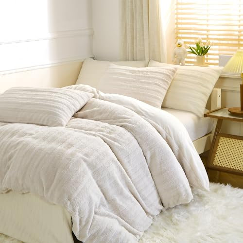 Nyescasa Plüsch Bettwäsche 135x200 Winter Warme Langhaar Flauschige Biber Flanell Fleece Beige Gestreift Wende Winterbettwäsche Set Mädchen Bettbezug mit Reißverschluss und Kissenbezug 80x80cm