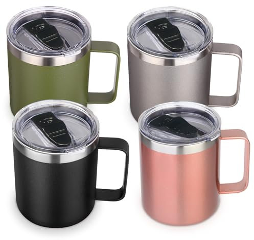 Volhoply 14oz Insulated Stainless Steel Coffee Mug with Lid Bulk 4 Pack,Double Wall Vacuum Travel Coffee Cup with Handle,Reusable Metal Tumbler Cup,Camping Mugs Keep Hot,Christmas Gifts(Mix,4)