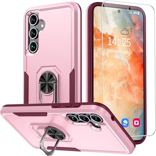 ANTSHARE Coque Samsung A35 5G avec Anneau de Support Rotatif, [1 Film de Protection D'écran en Verre Trempé 9H] Coque pour Samsung A35, Anti-Chocs et Anti-Rayures -Rose