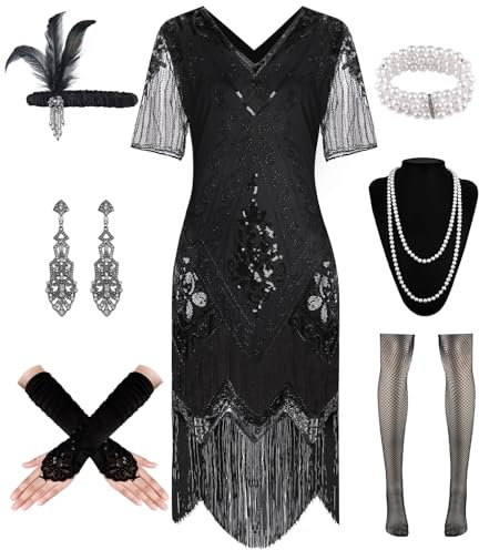 WILDPARTY 20er Jahre Kleid Roaring 20s Charleston, Flapper mit Dünn Ärmel Pailletten Perlen Fransen, Cocktailkleid 20er Jahre Accessoires, Vintage Mafia Kostüm Damen Fasching Karneval