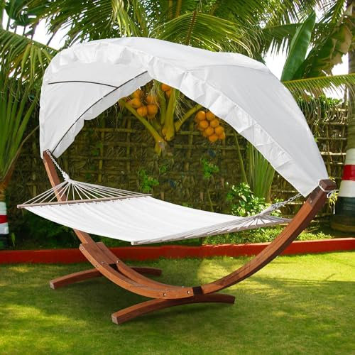 Vkechh Hängematte XXL mit Gestell und Sonnendach 410cm, bis 200kg, Liegefläche 200x150 cm, Hammock aus wetterfestem Lärchenholz, Stabhängematte für 2 Personen Outdoor und Indoor
