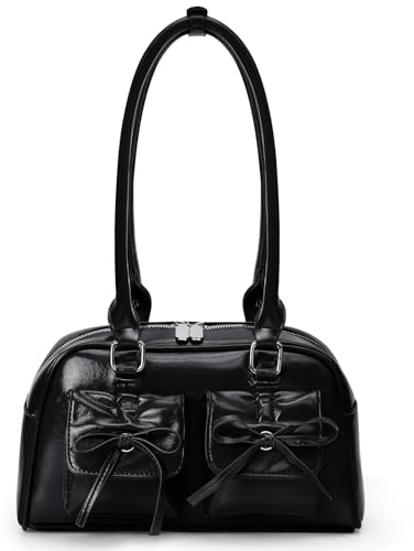 ACUYE Leder Tote Bag Schleife Geldbörse Y2K Umhängetasche Ästhetische Handtasche Geldbörse Damen Unterarmtasche Bowling Bag für Frauen