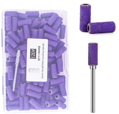 100 brocas pequeñas para uñas con broca de mandril de 3,1 mm, 120 bandas de lijado de lima de uñas de grano medio para uñas acrílicas, eliminación de gel, manicuras y pedicura (morado, grano 120)