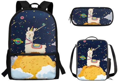 Suhoaziia Schulrucksack-Set, Federmäppchen-Set, Laptop, Reise, Schule, Tagesrucksack, Grundschule, Mittelhoch, Schüler, Büchertasche für Mädchen und Jungen, 3-teilig, Alpaka-Planeten, Tagesrucksäcke