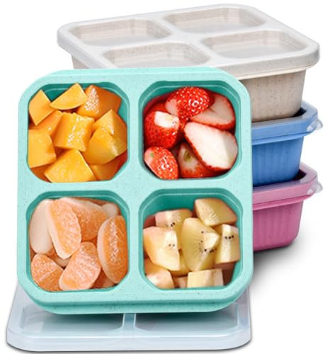 ALFFREUDE 4 Piezas Snack Boxes con 4 Compartimentos, Bento Box, Fiambrera Compartimentos, Caja de Aperitivos 4 Colores para Cocinas, Frigoríficos, Microondas, Picnics, Escuelas, Viajes, Campin