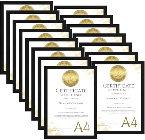HORLIMER 15er Set Bilderrahmen A4, Schwarze Holzmaserung Fotorahmen für 21x29,7 cm Fotos, Bilder, Dokumente, Zertifikate & Kunstwerke, Rahmen din A4 für Wohnzimmer, Schlafzimmer, Büro, Flur