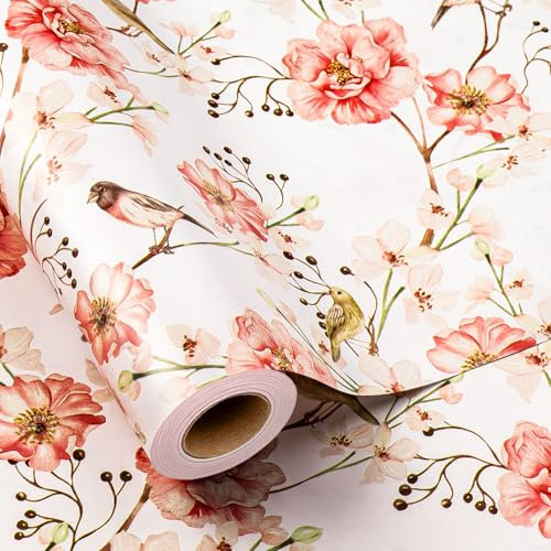 MIMUTI Aquarell-Geschenkpapier mit Blumenmuster, Mini-Rolle, 43,2 cm x 10,2 m, rotes Geschenkpapier mit Blumen- und Vogel-Design für Mädchen, Hochzeit, Muttertag, Geburtstag, Valentinstag
