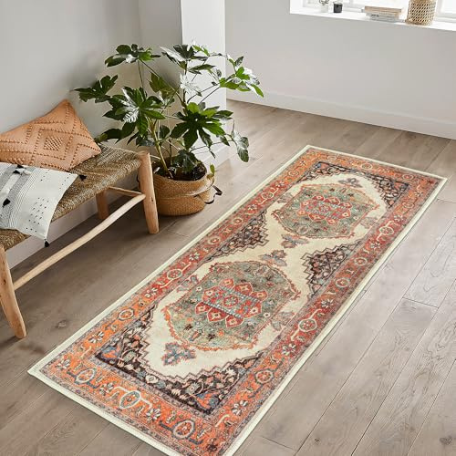 artyrugs Machine Washable Rug, 60x180cm, 75% Recycled Cotton, Short Pile, Non-Slip Backing, Non-Shedding, Suitable for Bedroom, Kitchen, Hallway, Office, Runner, Bright Olive & Pumpkin