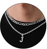Rajputana Silver Initial Necklace for Men Boys, Layered Stainless Steel Letter J Pendant Necklaces Chain Jewelry Gifts for Boyfriend Him Male Teen