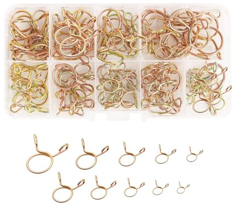 SHIYUAN 126Pcs Hose Spring Clamps,Fuel Line Hose Spring Clips,5-14mm Golden Tubing Spring Clamp, Spring Steel for Oil Pipes, Water Pipes, Motorcycles