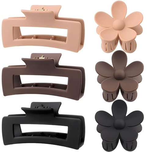 Ensemble de 6 pinces à cheveux pour femmes, pinces à cheveux moyennes antidérapantes Oblongues mates, accessoires de coiffage Jumbo puissants pour cheveux fins (6 Pack Flower&Square)