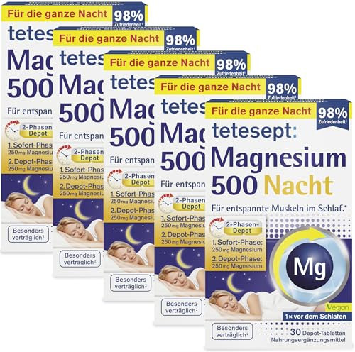tetesept Magnesium 500 Nacht - 5 x 30 Tabletten - Nahrungsergänzungsmittel mit hochdosiertem Magnesium - entspannte Muskeln im Schlaf mit Magnesium Tabletten