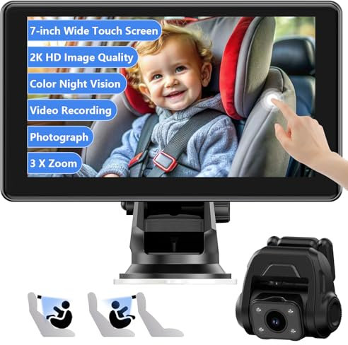 Smocraut Spiegel Auto Baby Rückbank 7'' Autospiegel Baby Rücksitz,2K Nachtsicht Baby Kamera Auto Rücksitz,3-Fach Zoom Nachtsicht Baby Kamera,Videoaufzeichnungsfunktion,mit Einer Kostenlosen 65GB Karte