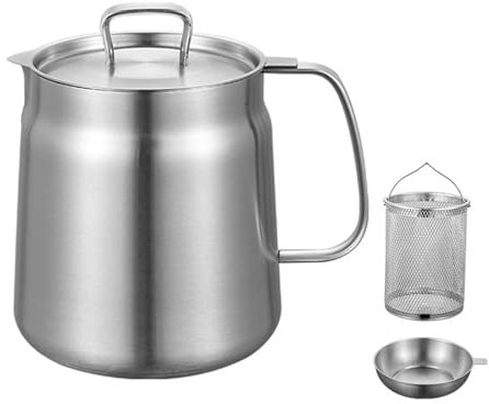 Stainless Steel Oil Strainer Pot with Filter and Fry Basket 50.7floz - Large Capacity 2 in 1 Cooking Oil Filter, 304 Stainless Steel, Ergonomic Handle - Versatile Tool for Oil Frying
