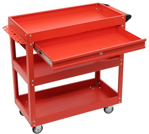 3 Ablagen Rollwagen Werkstatt, Montagewagen Stahl Etagenwagen, mobiler Tischwagen für Garage und Lager mit Schublade, Lochleiste, 4 Universalrädern & Griff, 150 kg Tragkraft (Rot)