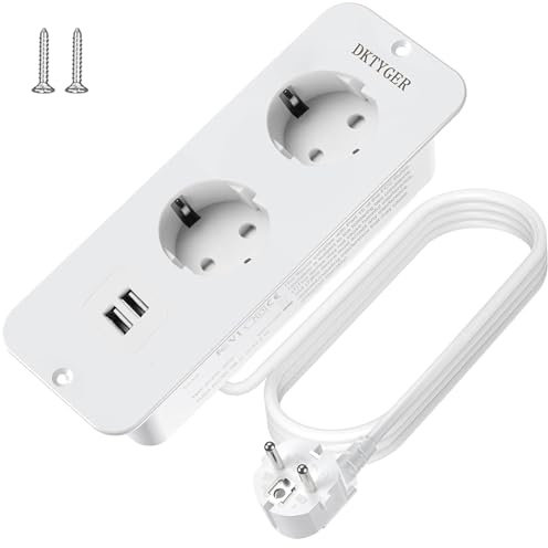 Tischplatte Steckdose mit USB, 2 Fach Einbausteckdose mit 1.5m Kabel, Steckdosenleiste mit 2 USB, Tischsteckdose Mehrfachsteckdose Versenkbare Steckdose für Konferenztisch, Arbeitsplatte, Weiß