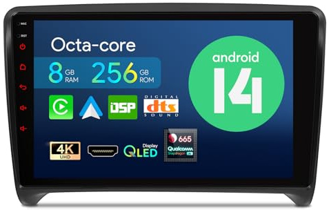 XTRONS 9 Android 14 Octa Core 8+256GB QLED Car Head unit for Audi TT MK2 | Qualcomm 665 Radio Player w Apple CarPlay Wireless Android Auto GPS Navigation DSP 4G Day&Night UI Support AHD DAB Optional