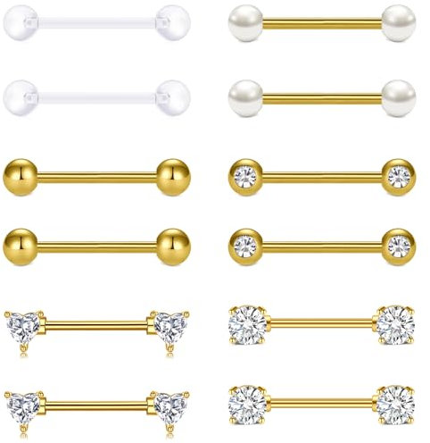 AVYRING 6 Pairs Stainless Steel Gold Nipple Bars - 14G 16mm Straight Barbell with Heart & Round Cubic Zirconia, Tongue Piercing Jewelry for Women Men