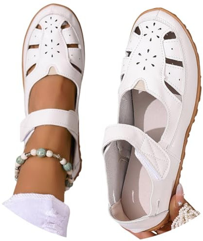 Generisch Sandales plates confortables avec soutien de la voûte plantaire Sandales décontractées à bout fermé pour femmes, Chaussures plates creuses larges, Sandales tendance, Blanc., 37 EU
