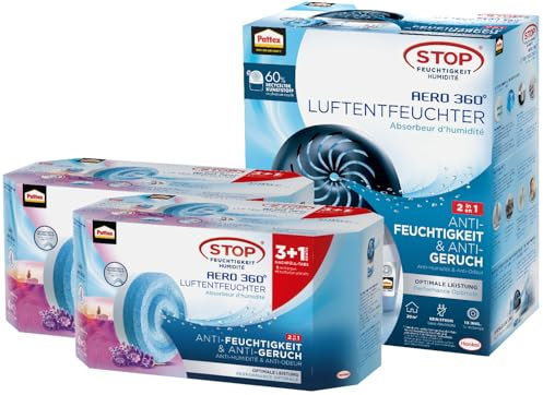 Pattex AERO 360º Luftentfeuchter, ultra-absorbierender, nachfüllbarer Raumluftentfeuchter, 1 Gerät inkl. 1 Nachfülltab & Nachfüll Tabs Lavendel, geruchsneutralisierend, 2x Nachfüllpack (3+1)