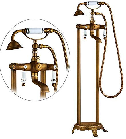 Antique Brass Freestanding Bathtub Faucet SetDual Handle Floor Mounted Mixer Tap with Hand Shower for Bathroom Vintage Bath Shower Fixture Elegant Design