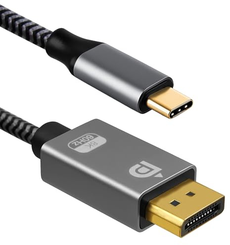 32.4Gbps USB C to DisplayPort, 1.8M Grey Cable, 8K@60Hz 4K@240/144Hz Thunderbolt4/5 to Displayport for MacBook, MacBook Pro, Dell XPS, iPhone 16, iPad, HP EliteBook