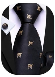 Barry.Wang Animals Ties Silk Funny Men Black Necktie Set Handkerchief Cufflinks Party Christmas