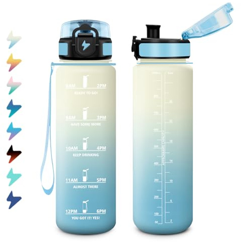 Sport Trinkflasche 1L, Motivierende Wasserflasche mit Zeitmarkierung, Auslaufsichere, Wasserflasche Sport mit Filte, Kohlensäure Geeignet, Sportflasche für Sprudel, Fahrrad, Laufen, Erwachsener