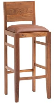 Woodkings Barstuhl Osbon | Barhocker 45x115x45 cm aus massivem Akazienholz und Kunstleder | für Küche Hausbar Esszimmer | Hoher Stuhl mit Lehne im Landhausstil rustikal gepolstert