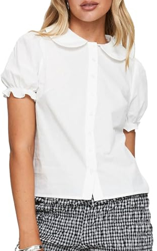 Peter Pan Collar Button Down Shirts for Women Solid Doll Neck Short Puff Sleeve Preppy Blouse Babydoll Tees (White, S)