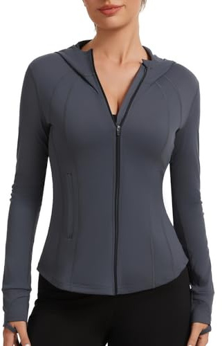 AMZSPORT Womens Running Jacket Sports Gym Top Yoga Hoodies | with Side Pockets, Thumbholes, for Workout Fitness