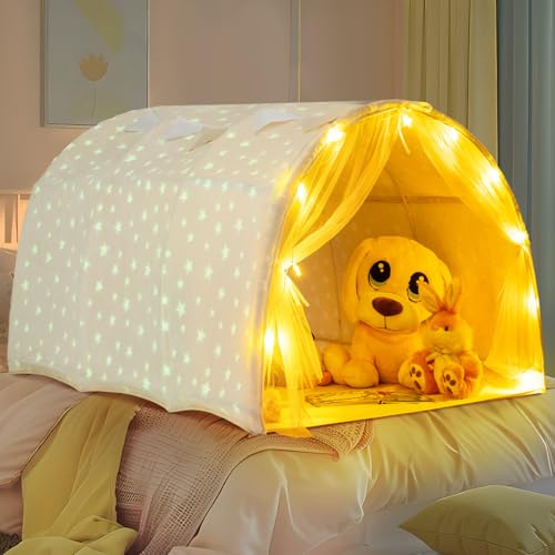 Maxmass Kids Bed Tent, Glow in the Dark Toddler Play Tents with Net Curtains, String Lights, Flags, Indoor Children Play House Tunnel Castle Fairy Playhouse for 3+ Years Old