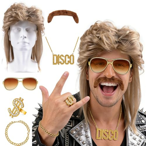 Vokuhila Perücke Herren, 6 Stück Perücke Vokuhila Set, Faschingskostüme Männer, 80er jahre outfit herren, Männer Blonde vokuhila Karneval Fasching perücke Halloween Party Kostüme Disco Party Kleidung