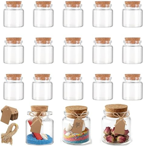 WLHFDC 15 Stück 50ml Mini Glasflaschen mit Korken,Kleine Gläser mit Korken,Kleine Flaschen Gewürzgläser Einmachgläser Phiolen Wunschflaschen für Hochzeit Gefälligkeiten Partei Dekoration